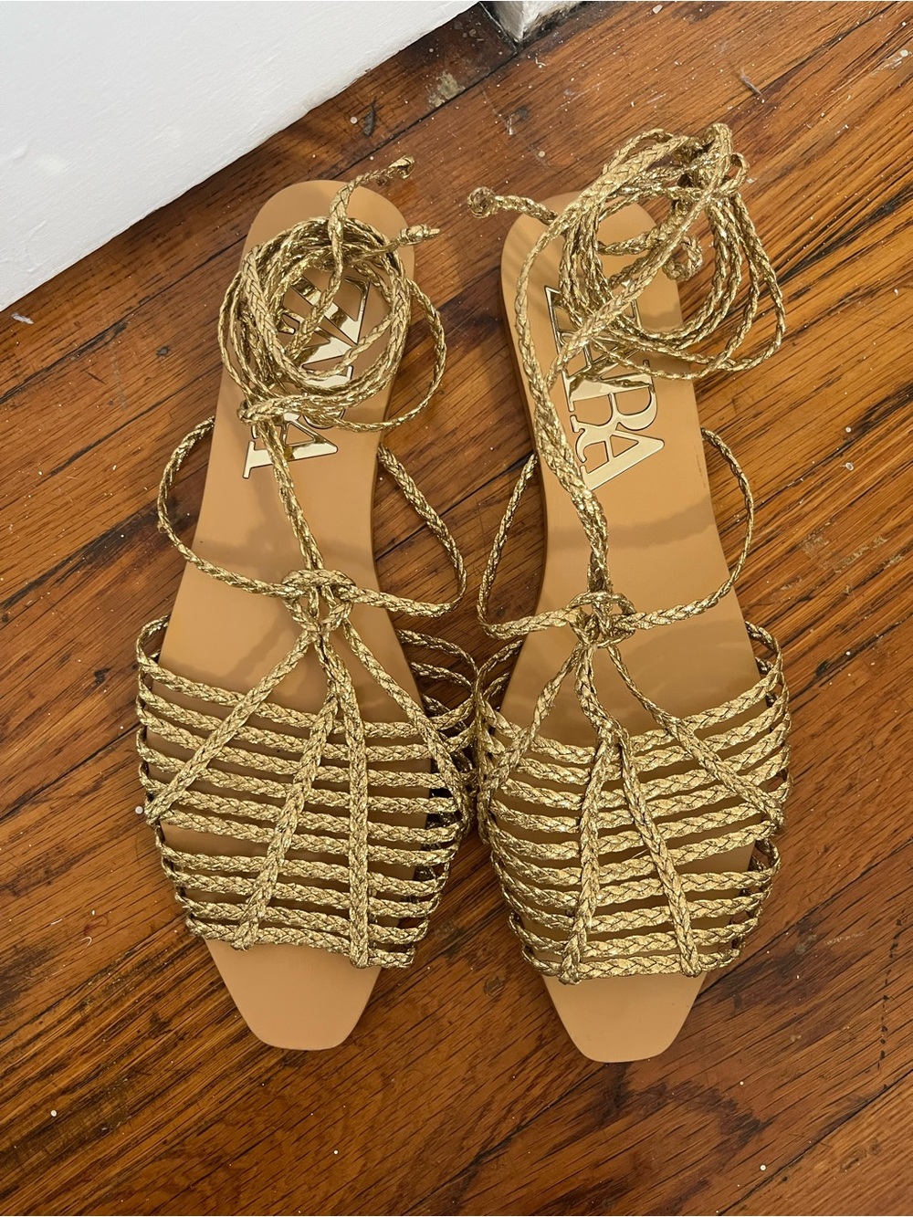 ZARA Metallic Gold Braided Lace-Up Sandals